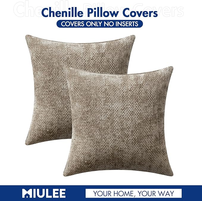 MIULEE Pack of 2 Couch Throw Pillow Covers 18x18 Inch Neutral Khaki Taupe Modern Boho Accent Decorative Pillow Covers Soft Chenille Farmhouse Cushion Covers for Home Decor Bed Sofa Living Room