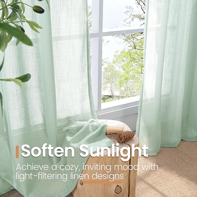 BGment Light Green Linen Semi Sheer Curtains 45 Inch Length - Short Drapes Lightweight Boho Rustic for Living Room Spring Decor with Rod Pocket, 2 Panels Set, 42 X 45 Inch