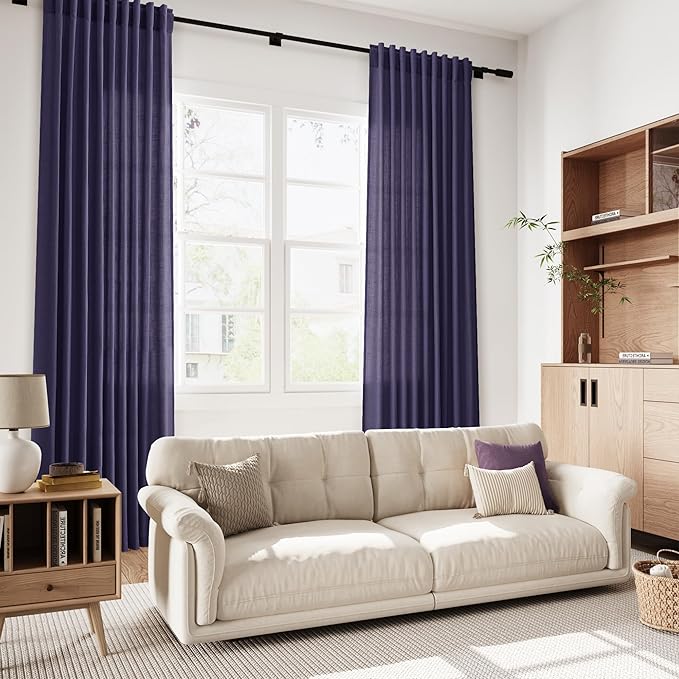 Purple Curtains 63 Inches Long 2 Panel Sets for Living Room Bedroom, Light Filtering Linen Drapes for Kitchen Windows Rod Pocket or Back Tab Curtain,Semi Sheer 52x63