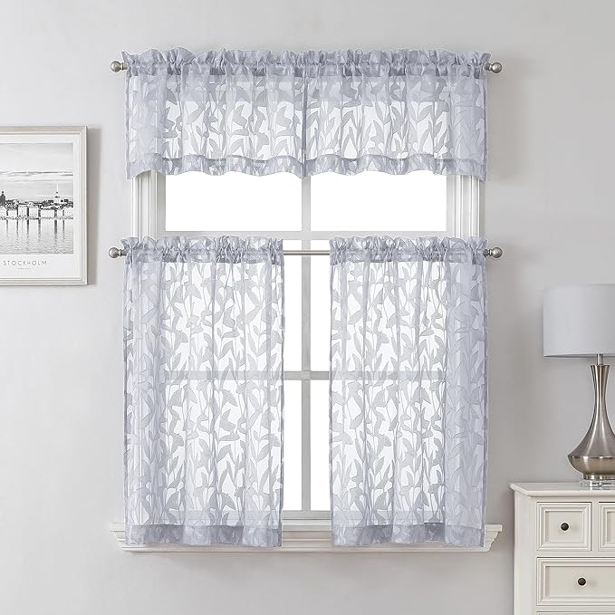 Lecloud Leia Light Grey 2 PCS Sheer Kitchen Curtains 30 Inch Length, Breathable Clip Textured Leaf Cafe Bedroom Voile Curtain Tiers, Dual Rod Pockets Jacquard Bathroom Bedroom Drapes, 40 W x 30 L