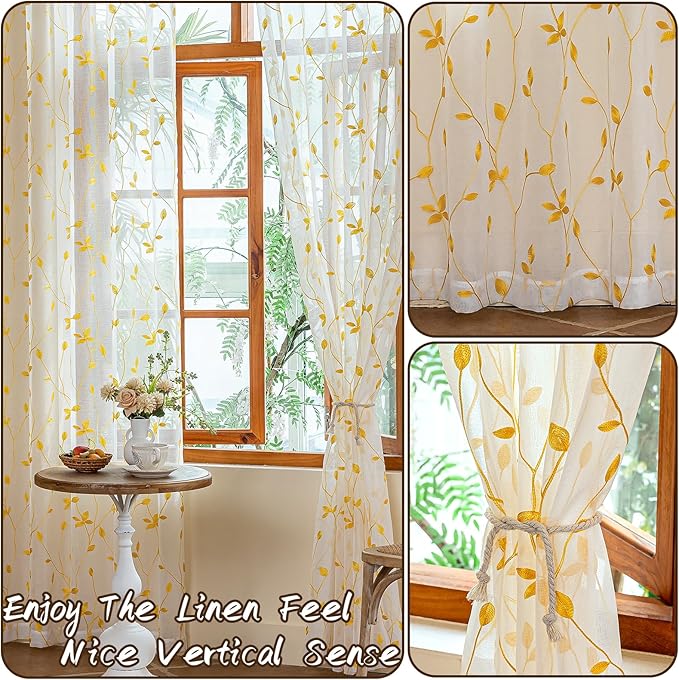 AmHoo 2 Panels Embroidered Leaf Pattern Semi Sheer Curtains Foliage Floral Voile Window Draperies Treatment for Bedroom Living Room Rod Pocket White Gold Yellow 53 x 84 Inch