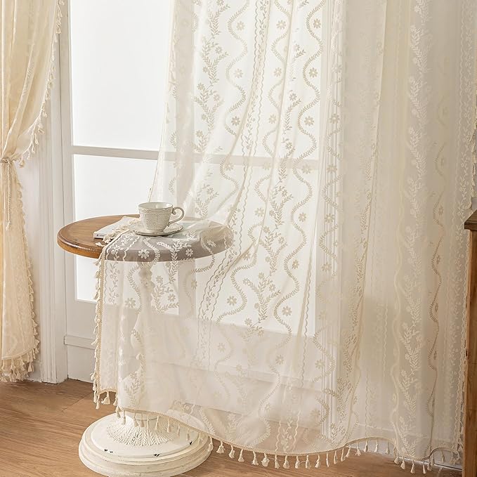 WAZZIO Boho Lace Curtains 2 Panels 90 Inches -Cute Vintage Victorian Sheer Panel Drape French Country Floral Pattern & Tassel Light Filtering Privacy for Bedroom Dining Living Room,Beige,W52x L90