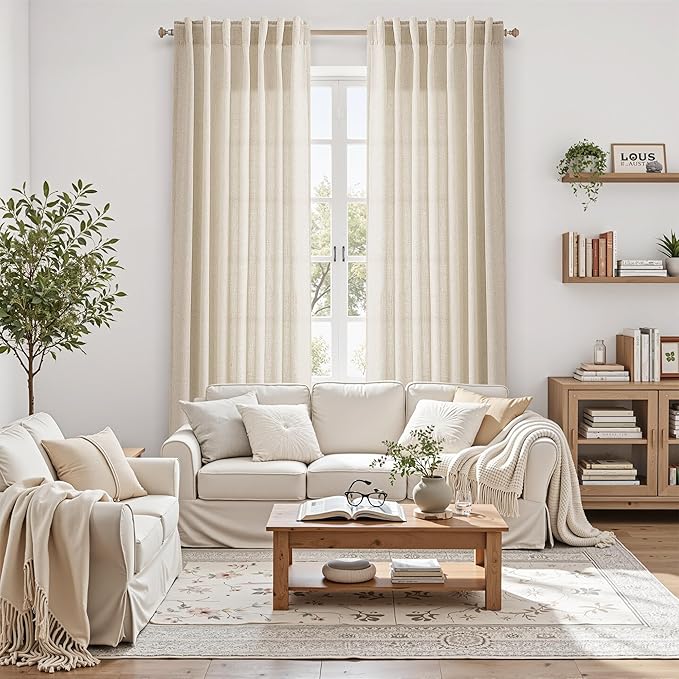 Nanspring 108 Inch Long Curtains for Living Room Cream Beige Linen Modern Farmhouse Decor Light Filtering Semi Sheer Curtain Back Tab Luxury Floor to Ceiling High Window for Bedroom 52x108, 2 Panels