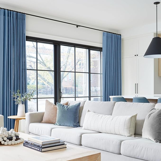 Denim Blue Curtains for Living Room Back Tab Modern Farmhouse Semi Sheer Blue Curtains 144 inches Long 2 Panels Set Muted Neutral Window Curtain for Dining Room Bedroom 52x144