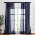 NICETOWN Linen Sheer Living Room Curtains 90 inch Long, Privacy Chic Semi Sheer Window Drapes Privacy with Light Filtering for Bedroom/Boys Room, W52 x L90, Dark Blue, 1 Pair