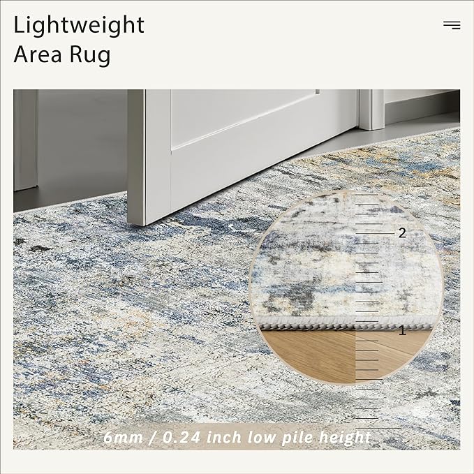 Soalmost 6x9 Abstract Area Rugs for Living Room 6 x 9 Washable Non Slip Low Pile Gray Rugs for Bedroom Dining Room Foldable Thin Blue Yellow