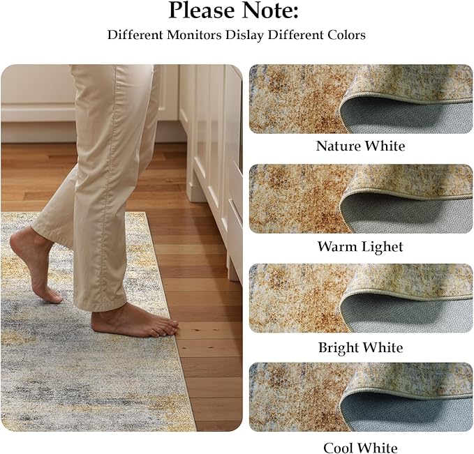 3x18 Washable Kitchen Runner Rug: Modern Abstract Runners for Hallway Soft Non Slip Rugs with Rubber Backing Low Pile Thin Waterproof Floor Carpet for Entryway Bedroom Bathroom Indoor 3x18 Grey/Yellow