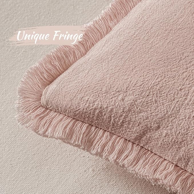 MIULEE Valentines Decorative Throw Pillow Covers Neutral Linen Fringe Throw Pillows Set of 2 Light Pink Boho Farmhouse Cushion Covers for Couch Sofa Bed Living Room Spring Home Decor 18x18 Inch