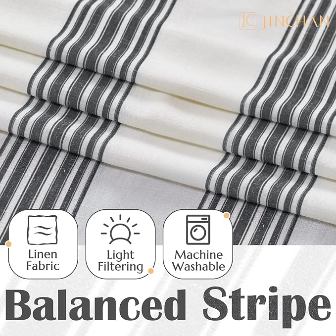 jinchan Striped Linen Valance Curtain 16 Inch Vertical Striped Valance for Kitchen Bathroom Light Filtering Window Treatment Rod Pocket Farmhouse Rustic Semi Sheer Short Window Curtain 1 Panel Black