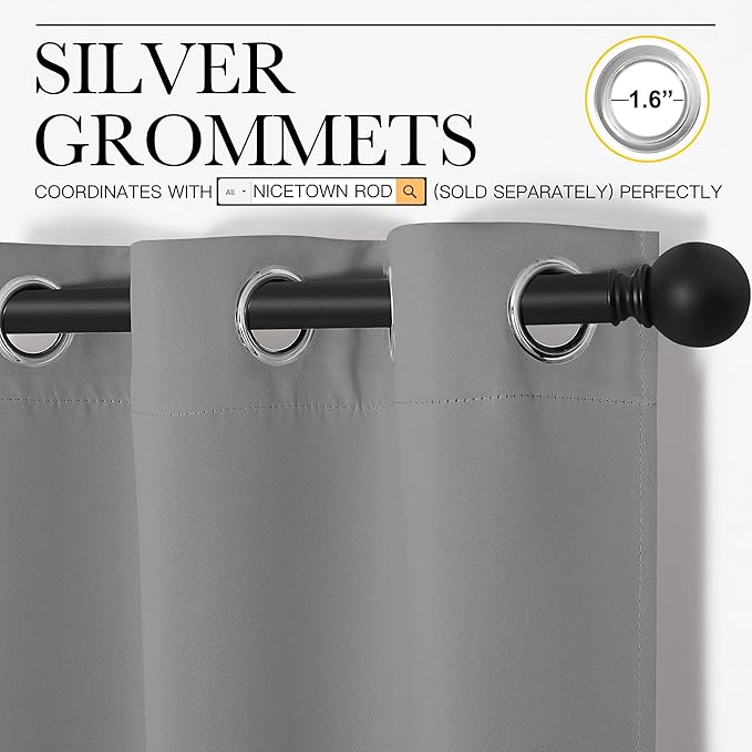NICETOWN Silver Grey Thermal Insulated Grommet Blackout Curtains, Kids Window Drape Panel for Nursery, Privacy Short Curtains (2 Panels, W42 x L63 -Inch)