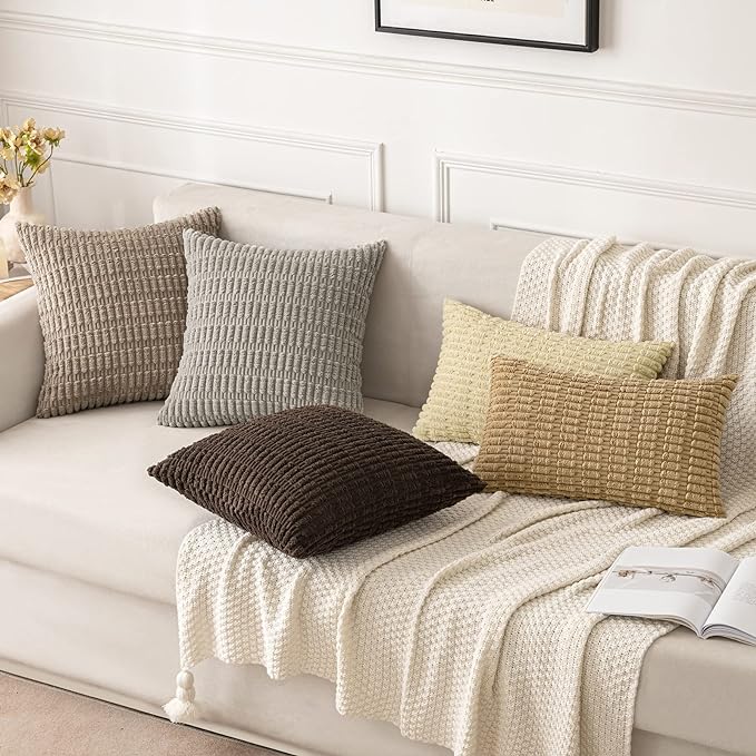 MIULEE Pack of 2 Corduroy Decorative Euro Sham Throw Pillow Covers 26x26 Inch Soft Boho Striped Pillow Covers Modern Farmhouse Home Decor for Sofa Living Room Couch Bed Light Brown