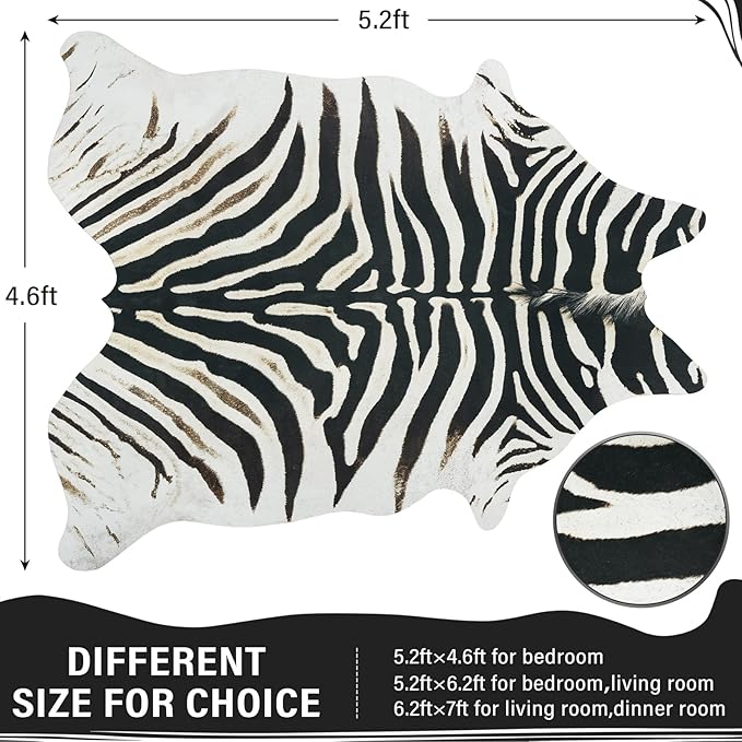 AROGAN Western Faux Fur Zebra Rug, 4.6 x 5.2 Feet Premium Animal Skin Print Rug, Sturdy Faux Zebra Hide Rugs for Wall Decor, Western Floor Carpet for Bedroom Living Room, Black and White