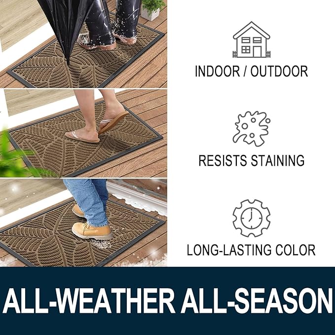 Colorxy Waterproof Doormat, Sturdy Natural Rubber Front Indoor Mat, Non Slip Low Profile Outdoor Door Mat, Stain and Fade Resistant Floor Mats, Easy Clean Patio Entry Mat, 47''x17'', Light Brown