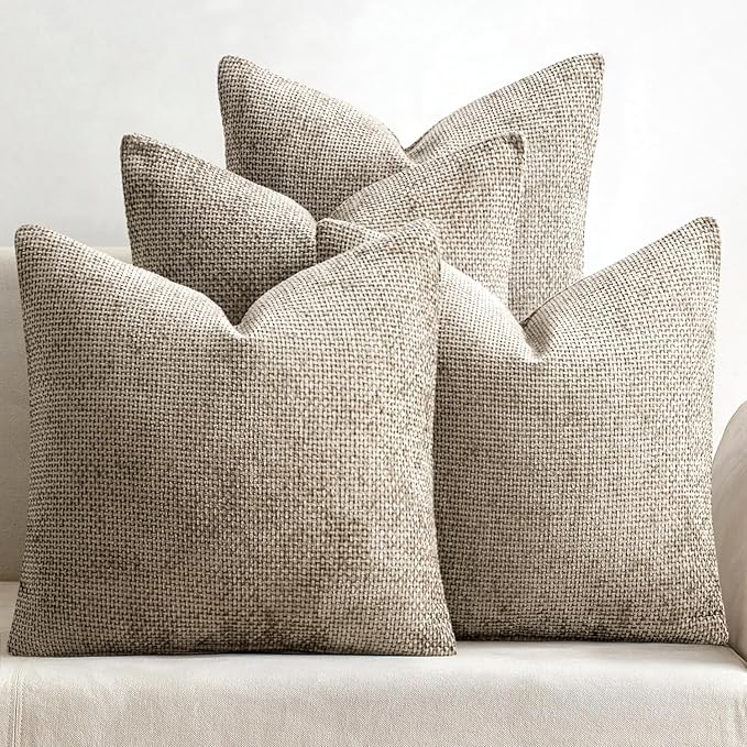 MIULEE Pack of 4 Couch Throw Pillow Covers 18x18 Inch Khaki Soft Decorative Chenille Pillow Covers Farmhouse Accent Cushion Covers for Boho Home Decor Sofa Bedroom Living Room