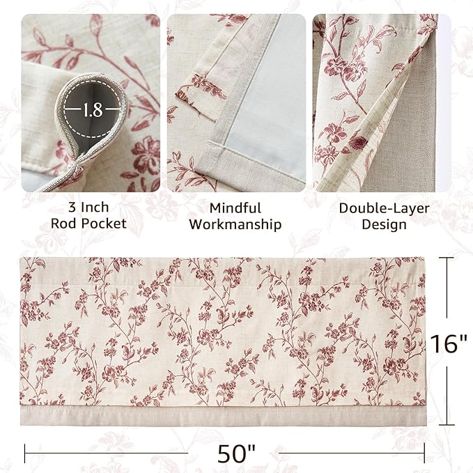 jinchan Linen Valance Curtains for Windows 16 Inch Christmas Decorations Floral Double Layer Kitchen Valance Room Darkening Cottagecore Farmhouse Flower Window Treatment 1 Panel Maroon Red on Linen