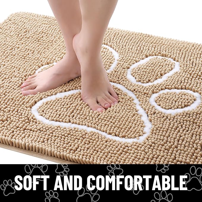 Smiry Dog Door Mat for Muddy Paws, Absorbent Dirt Trapper Non Slip Quick Dry Washable Chenille Mat for Mud Dogs, Entry Rug for Indoor and Outdoor (40x24 Inches, Beige and White)