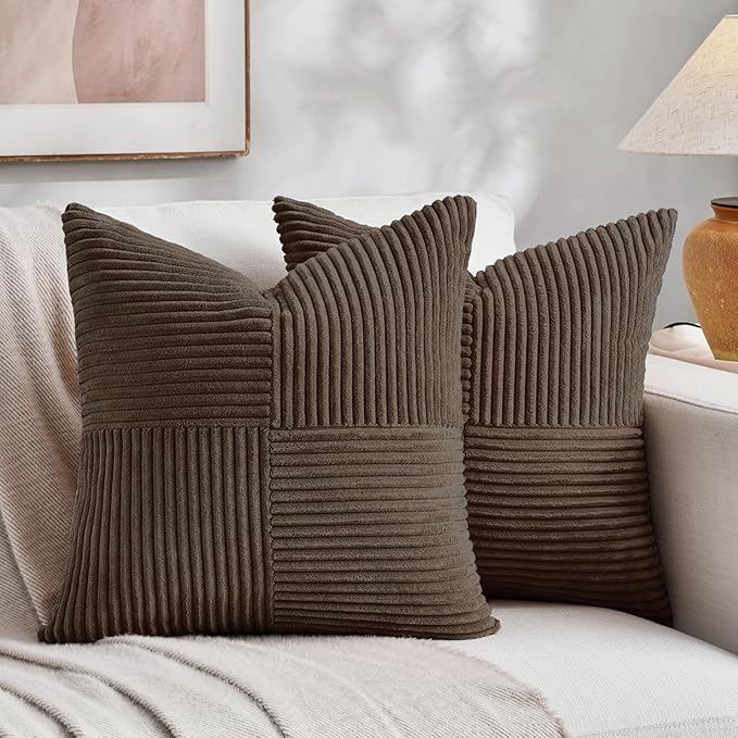 Fancy Homi 2 Packs Dark Brown Decorative Throw Pillow Covers 22x22 Inch for Living Room Couch Bed Sofa, Rustic Farmhouse Boho Home Decor, Soft Corss Corduroy Patchwork Accent Cushion Case 55x55 cm