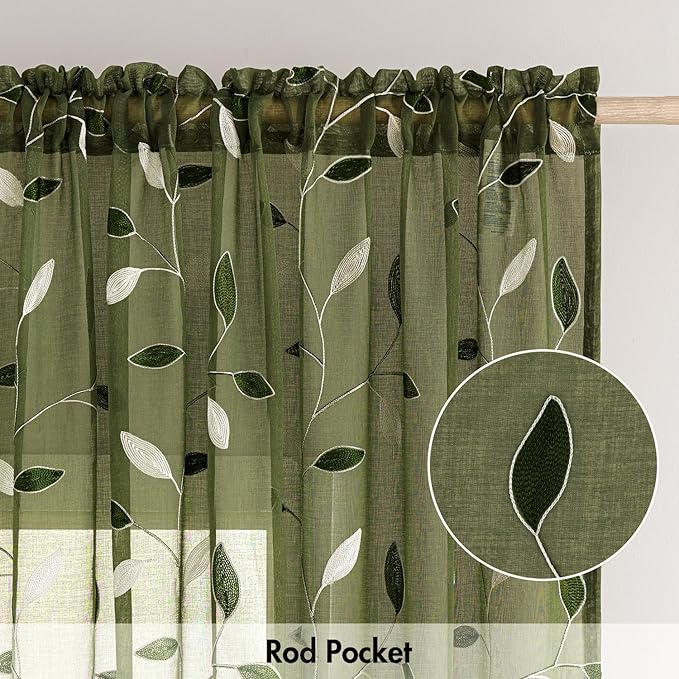 MIULEE Olive Green Sheer Curtains 2 Panels Embroidered Leaf Patterned Rod Pocket Floral Semi Faux Linen Window Curtains Drapes Set for Living Room Bedroom Dining Room, 52x96 Inches Long
