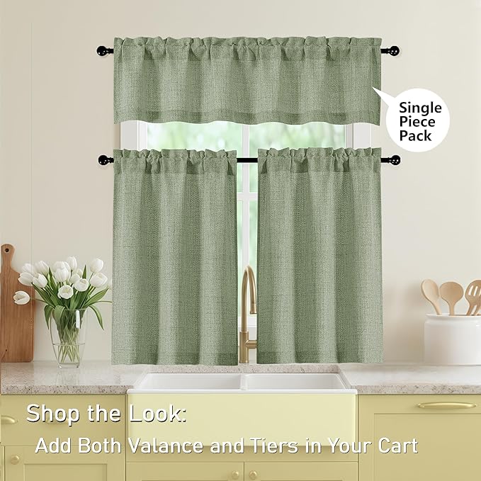 Valances for Windows, Light Filtering Faux Linen Textured Small Short Window Curtain for Bathroom Basement Farmhouse, Rod Pocket Top Half Curtains for Windows, Sage Green 52Wx14L Inch