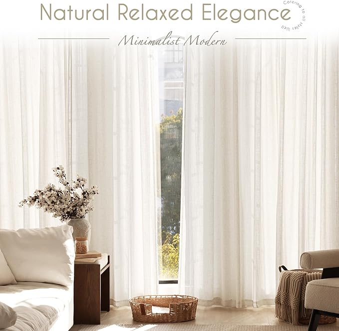 2 Panels Set Cream Linen Curtains 108 inches Long For Living Room Neutral Farmhouse Light Filtering Semi Sheer Linen Drapes 108 inch Ceiling To Floor For Large Window Villa Hallway Ivory FT 60x108