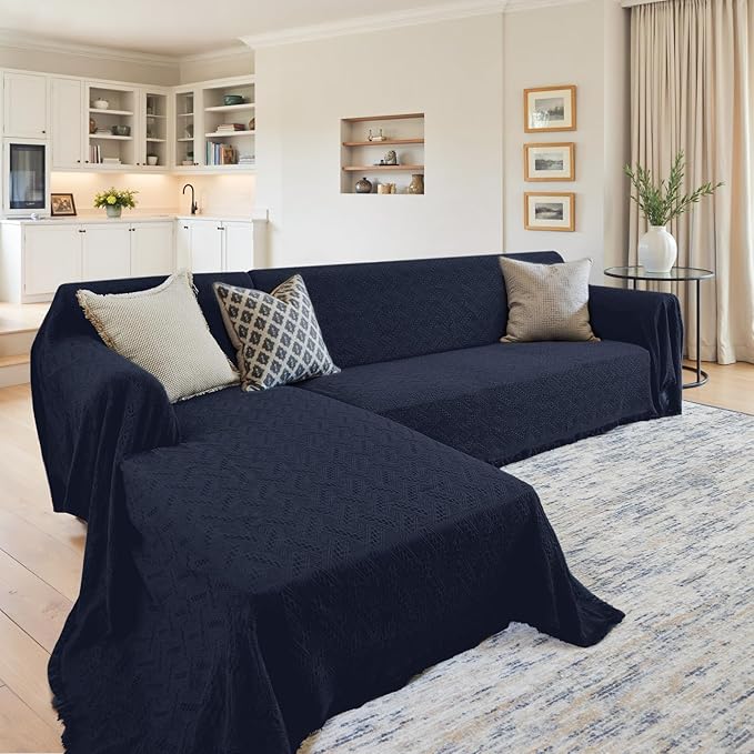 HOMERILLA Sectional Couch Covers for Sectional Sofa L Shaped Sofa Cover Blanket 2 Pieces L Shape Furniture Protector for Pets Dogs(Midnight Blue, XX-Large)
