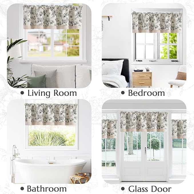 jinchan Linen Valance Curtain for 16 Inch Rustic Farmhouse Country Windows for Living Room Bedroom Bathroom Room Darkening Rod Pocket 1 Panel Black on White