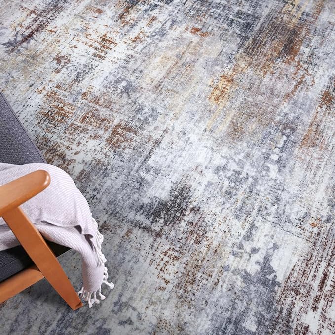 IOHOUZE Abstract Area Rugs 5x7 Ft Washable Rugs for Living Room, Non Slip Dining Room Rug, Printed Faux Wool Rugs for Bedroom, Floor Carpet for Office Nursery Playroom, Orange Grey