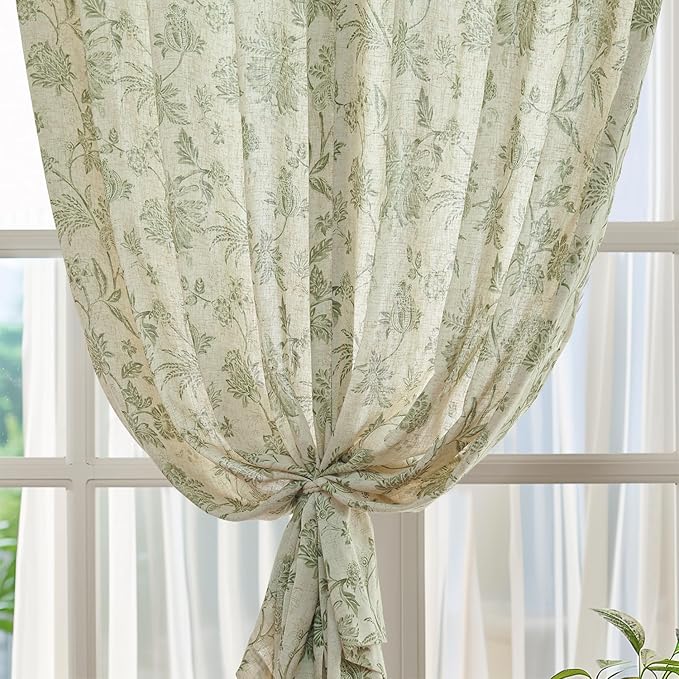jinchan Linen Floral Curtains for Living Room with Printed Flower 96 Inches Long Light Filtering French Country Back Tab Rod Pocket Sage Green Window Curtain Set Farmhouse Drapes 2 Panels
