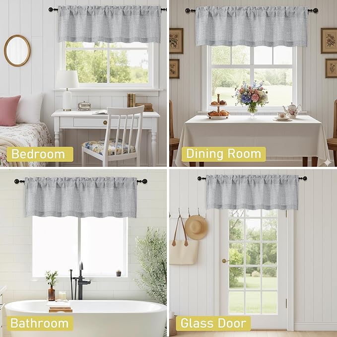 Grey Valances for Windows, Light Filtering Faux Linen Textured Small Short Valance Curtains for Bathroom Basement Farmhouse, Rod Pocket Top Half Curtains for Windows, 60Wx12L Inch