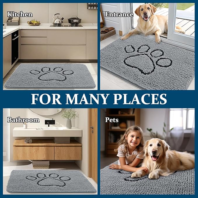 OLANLY Dog Door Mat for Muddy Paws 32x20, Paw Print Design, Absorbs Moisture and Dirt, Absorbent Non-Slip Washable Doormat, Quick Dry Chenille Mud Mat for Dogs, Entry Indoor Entryway Carpet, Grey