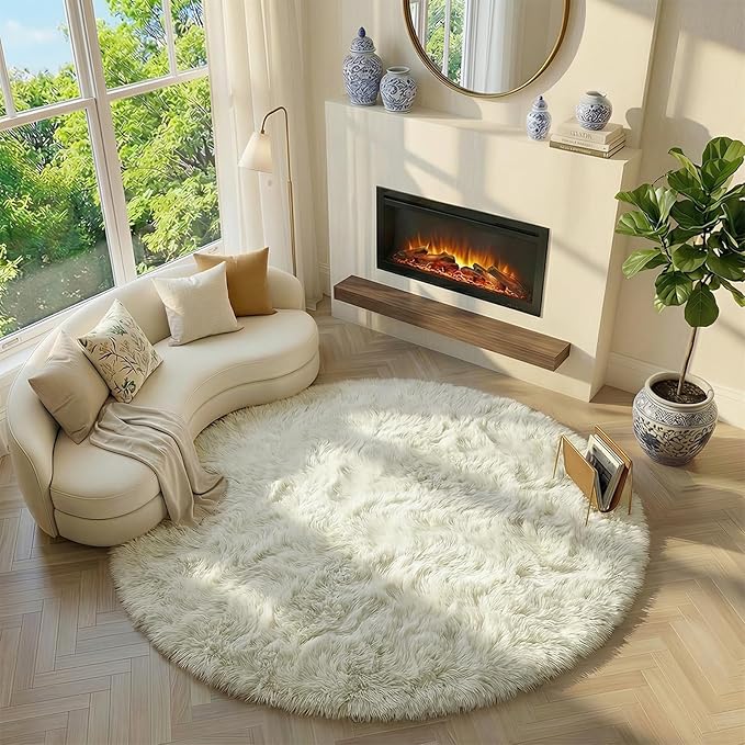 Amdrebio Ivory White Round Rug 4Ft for Kids Bedroom Aesthetic, Fluffy Fuzzy Furry Circle Area Rugs for Living Room Decor, Circular Plush Soft Shaggy Cream Carpet for Baby Nursery Dorm Teen Girls Boys
