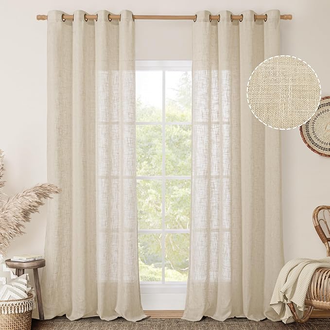 LAMIT Sheer Linen Curtains 84 Inches Long for Living Room, Light Filtering Boho Window Treatments Semi Sheer Neutral Drapes with Bronze Grommet for Bedroom, 52 X 84 Inch, 2 Panels Set, Linen