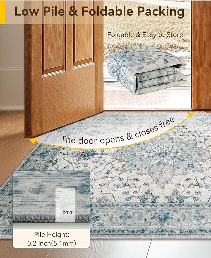 Area Rugs 7'x9' Washable Non-Slip, Floral Vintage Distress Print Pattern Medallion Carpet for Living Room Bedroom Dining Room, Light Blue Navy Beige Gray White