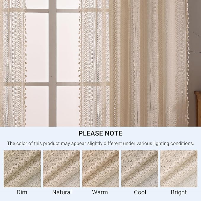 WAZZIO Boho Lace Curtains 90 Inches 2 Panel,Light Filtering Privacy Tassel & Geometry Crochet Semi Sheer Curtain Drapes for Bedroom Living Dining Room,Rod Pocket & Tassel,Vintage Farmhouse Decor,Beige