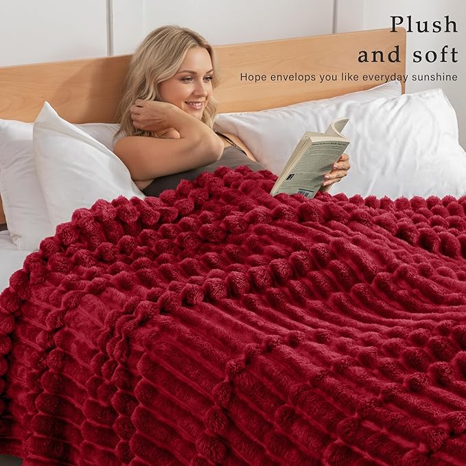 Exclusivo Mezcla King Size Flannel Fleece Blanket, Super Soft Striped Jacquard Bed Blanket, Lightweight Fuzzy Cozy for All Seasons, 90x104 Inches, Deep Red