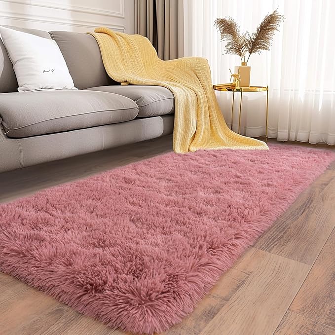 Soft Runner Rugs for Bedroom Hallways, 2x6 Blush Pink Fluffy Shag Throw Area Rug Non Slip for Bedside Dorm, Long Shaggy Furry Carpet for Nursery Living Room