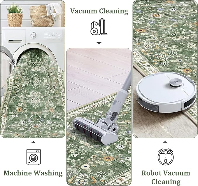 Yamaziot Washable Runner Rug 2x8 – Non Slip Boho Floral Hallway Runner Rug with Rubber Backing, Low Pile Wool Distressed Carpet for Kitchen, Laundry, Bedroom, Entrance, Mottled Green