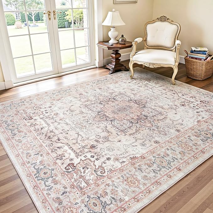 Lofus 5x7 Area Rugs for Living Room, Washable Area Rug, Rugs for Bedroom, Kitchen, Vintage Boho Carpet, Soft Non-Slip, Low Pile Large Area Rug for Office Dining Room, Pink