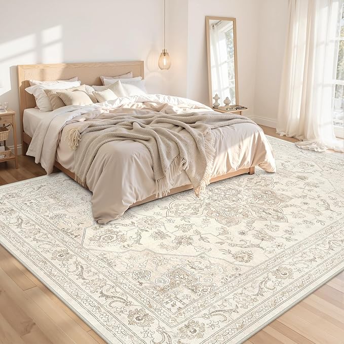 8x10 Area Rugs for Living Room: Vintage Boho Neutral Washable Rug Indoor Soft Large Area Rug Carpet for Bedroom Nursery Farmhouse Dining Room Office Floor Non-Slip Low Pile Under Table Rug Beige White