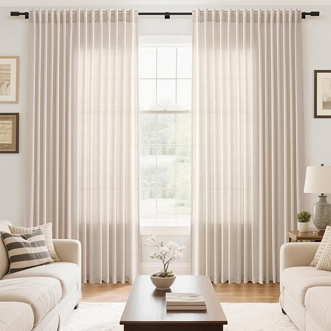 Nanspring Extra Wide Linen Curtains for Living Room 108 Inch Length for Room Divider Beige Rustic Farmhouse Drape Rod Pocket Back Tab Light Filtering Bedroom Window Curtain for Sliding Door 100x108