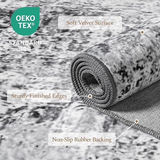 Rugflix 5x7 Large Area Rugs for Living Room, Abstract Washable Rug, Non-Slip, Stain Resistant, Soft Low Pile Carpet, Indoor Grey Rug for Bedroom, Dining Room, Home Office