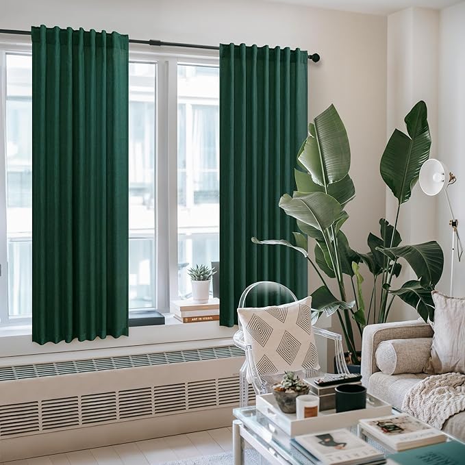 Pitalk Dark Green Curtains 63 Inch Length for Bedroom 2 Panels Back Tab Pocket Lightweight Light Filtering Semi Sheer Linen Hunter Green Curtain for Boys Room Kitchen Olive Forest Decor 52x63