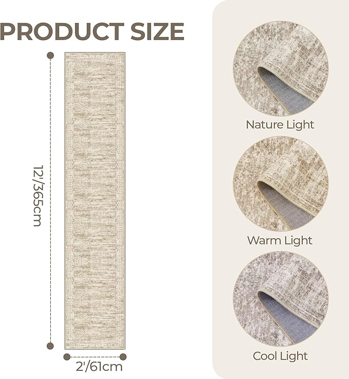 Long Hallway Runner Rug- Carpet Runners for Hallway 12ft, Anti Slip Backing Washable Rug Runner for Bathroom, Entrance, Living Room, Soft Low Pile Modern Rug Runner(2'x12', Brown/Ivory)