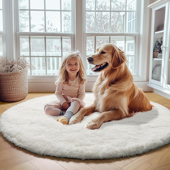 ONASAR Cream White Round Area Rug 4ft, Fluffy Ultra Soft Bedroom Circle Rugs Floor Mat for Kids Girls Boys Teen Room, Fuzzy Plush Shaggy Carpet for Nursery Living Room Playroom Dorm Home Decor