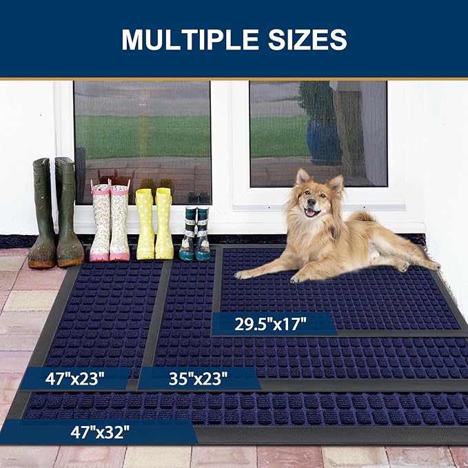Smiry Front Door Mat Outside Entrance, Heavy Duty Natural Rubber Doormat, Non Slip, Trap Dirt and Moisture, Easy Clean, Low Profile Welcome Floor Mats for Indoor Outdoor Entry, 47x23 Inch, Navy Blue
