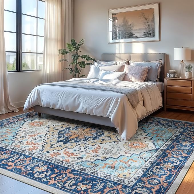 Lofus 9x12 Area Rugs for Living Room, Washable Area Rug, Rugs for Bedroom, Kitchen, Vintage Boho Carpet, Soft Non-Slip, Low Pile Large Area Rug for Office Dining Room, Floral Blue