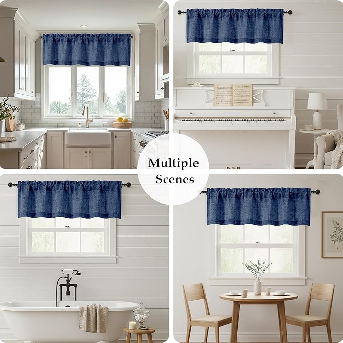 OWENIE Navy Blue Valances for Windows 1 Pcs 22 Inch Length, Light Filtering Textured Short Small Valance Curtains for Bathroom Basement Living Room, Half Window Curtains Over Sink, 60" W by 22" L