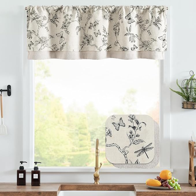 jinchan Floral Curtain Valance for Windows 16 Inch Linen Valance for Kitchen Living Room Rustic Cottage Farmhouse Flower Butterfly Curtain Rod Pocket 1 Panel Double Layer Blackout Black on Beige