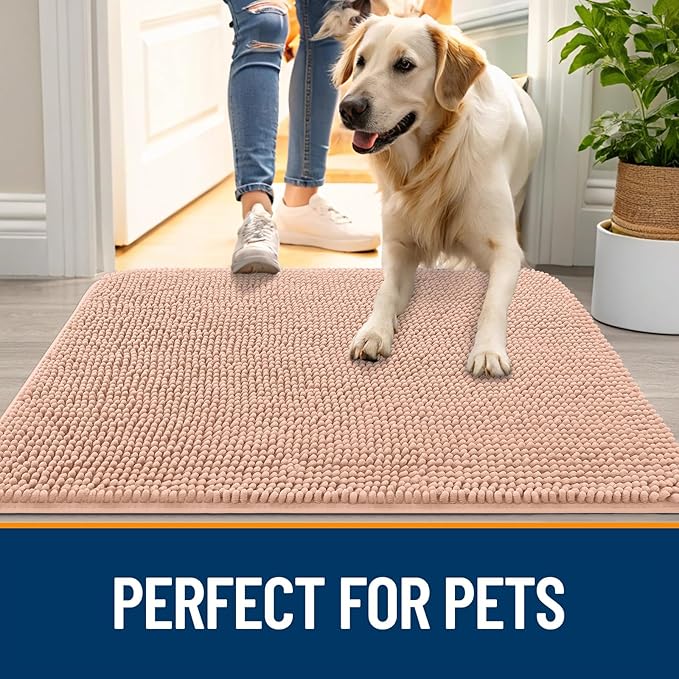 OLANLY Dog Door Mat for Muddy Paws 47x32, Absorbs Moisture and Dirt, Absorbent Non-Slip Washable Doormat, Quick Dry Chenille Mud Mat for Dogs, Entry Indoor Entryway Carpet for Inside Floor, Peach