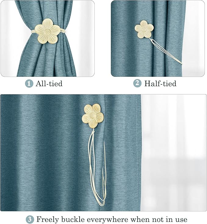 Lewondr Vintage Magnetic Curtain Tieback, 1 Pair Resin Flower Curtain Drapery Holdback Window Curtain Decorative Buckle Holder for Home Cafe Balcony, Light Gold
